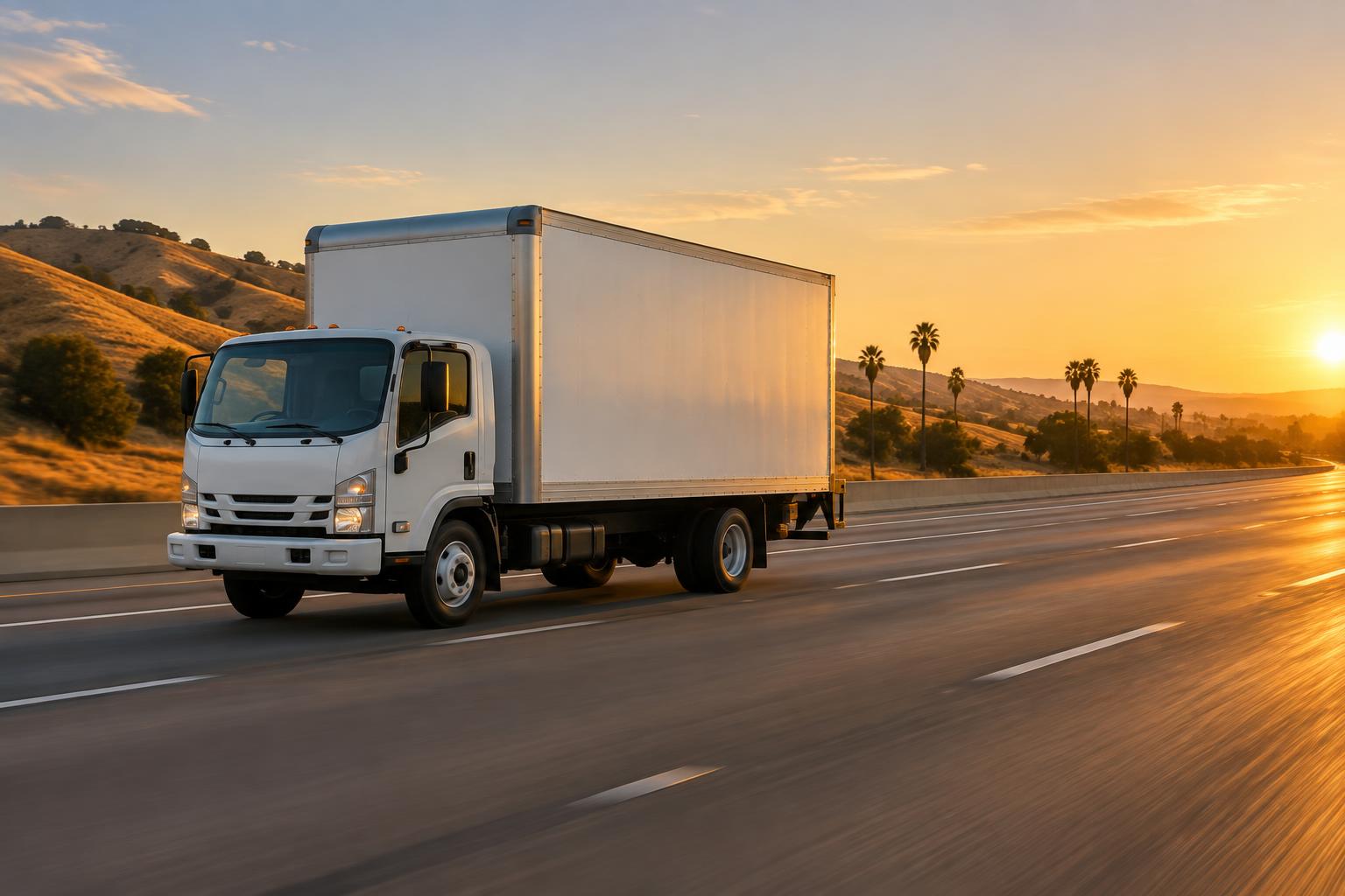 A box truck running a California highway at golden hour